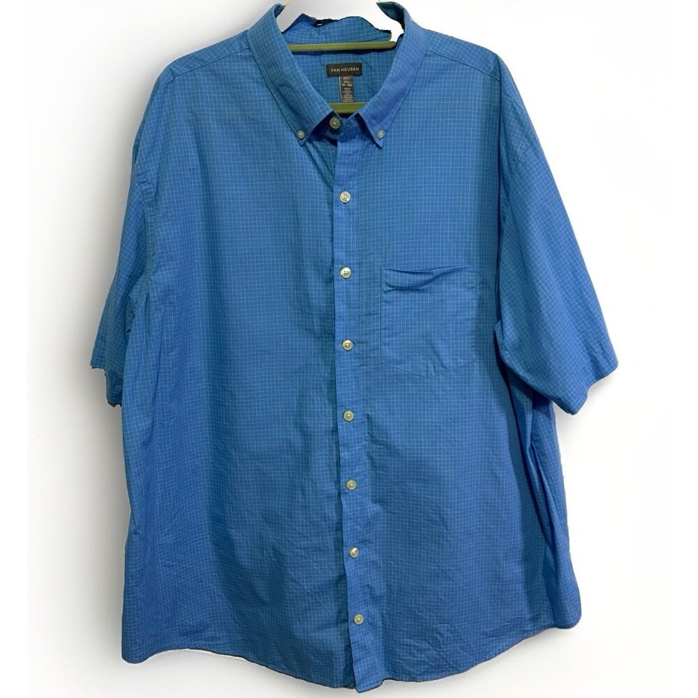 Van Heusen Button Down Shirt Men's 2XLT Blue White Grid Plaid Short Sleeve Tall